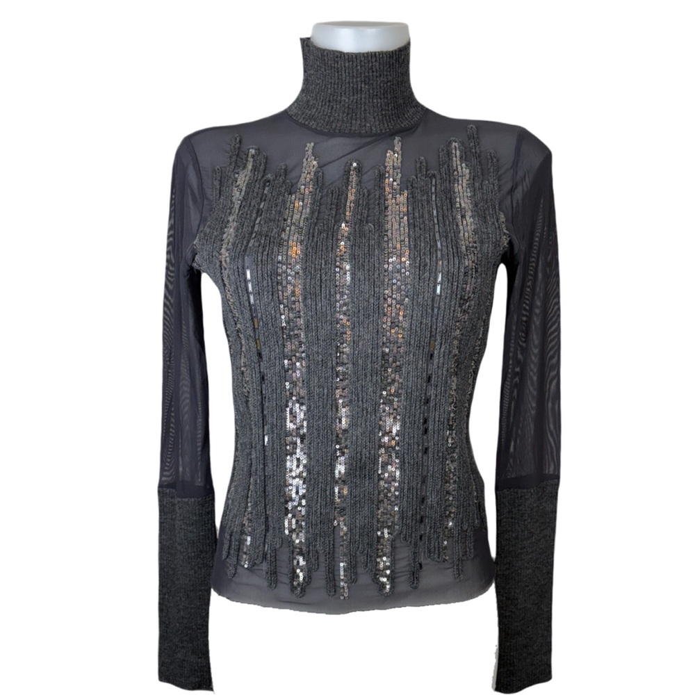 Vintage Y2K Caractère Metallic Beaded Wool and Sheer Turtleneck Top